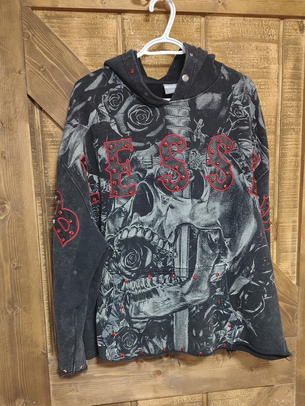 Black Skull & Rose Graphic Hoodie with Red Stud Detail